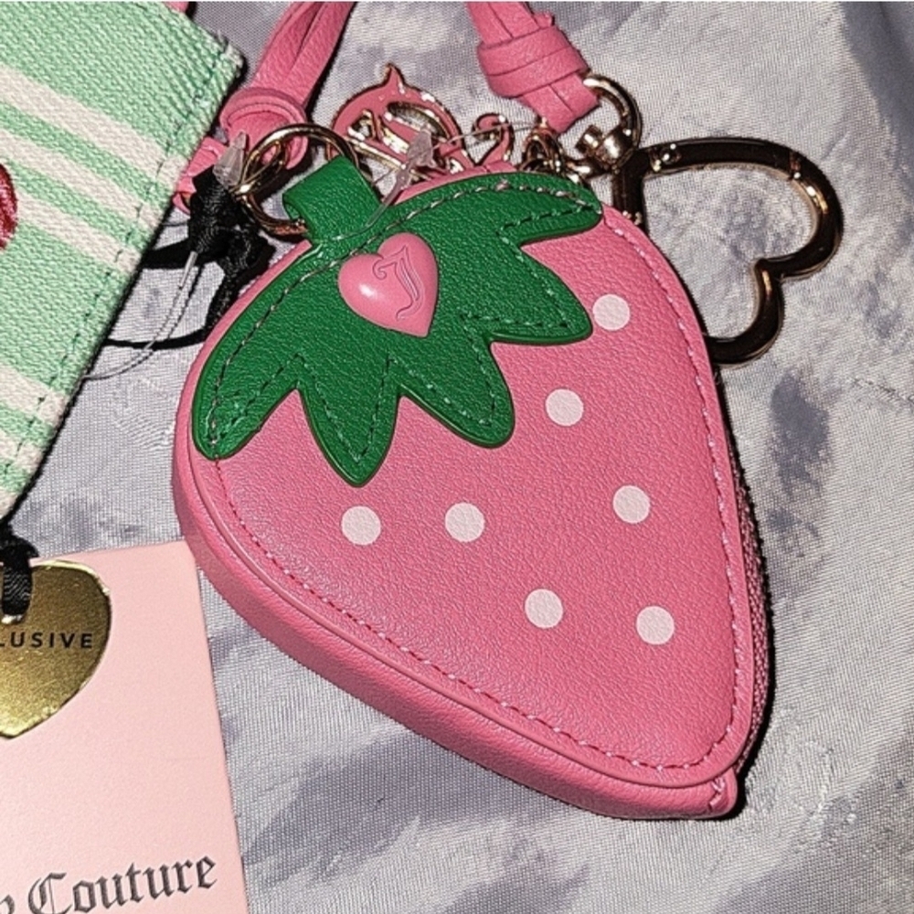Juicy Couture Mint Green & Pink Stripe Wristlet with Strawberry Charm - Picture 3 of 11
